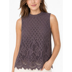 Rewind XL Gray Lace Crochet Mock Neck Sleeveless Top Boho Casual Blouse Gothic